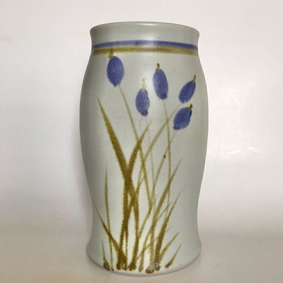 Vintage Artist Signed Blue Floral Botanical 8”  Salt Glaze Pottery Vase - Picture 2 of 14